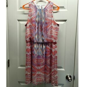 London Times Size 14p Petite Multicolor Abstract Lined Sleeveless Chiffon Dress